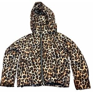 NA-KD Girls Leopard Print Hooded Puffer Jacket Full Zip Brown/Black 34